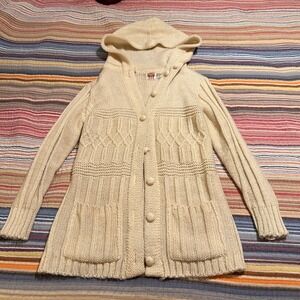 VTG Three Feet Off Cream Cable‎ Knit Hooded Cardigan Sweater Pockets Size L